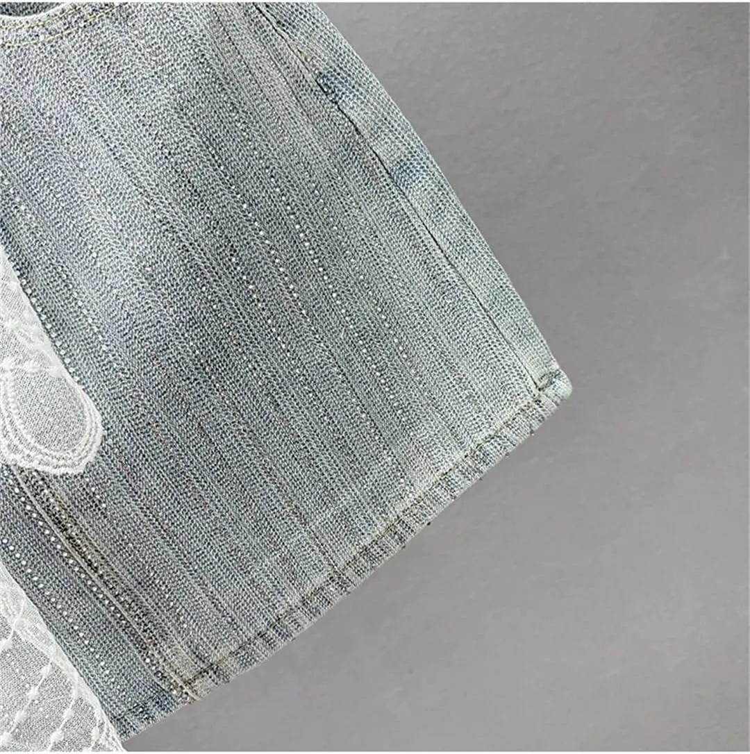 Women Lace Belt Denim Skirt Summer Clothes High Waist Slim-Fit Streetwear Heavy Industry Hot Diamond Hip Skirt