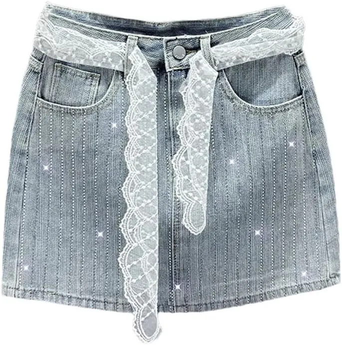 Women Lace Belt Denim Skirt Summer Clothes High Waist Slim-Fit Streetwear Heavy Industry Hot Diamond Hip Skirt