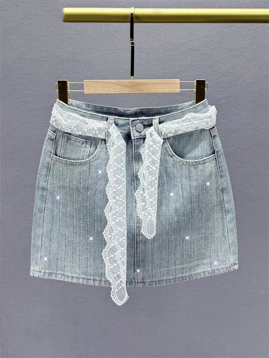 Women Lace Belt Denim Skirt Summer Clothes High Waist Slim-Fit Streetwear Heavy Industry Hot Diamond Hip Skirt