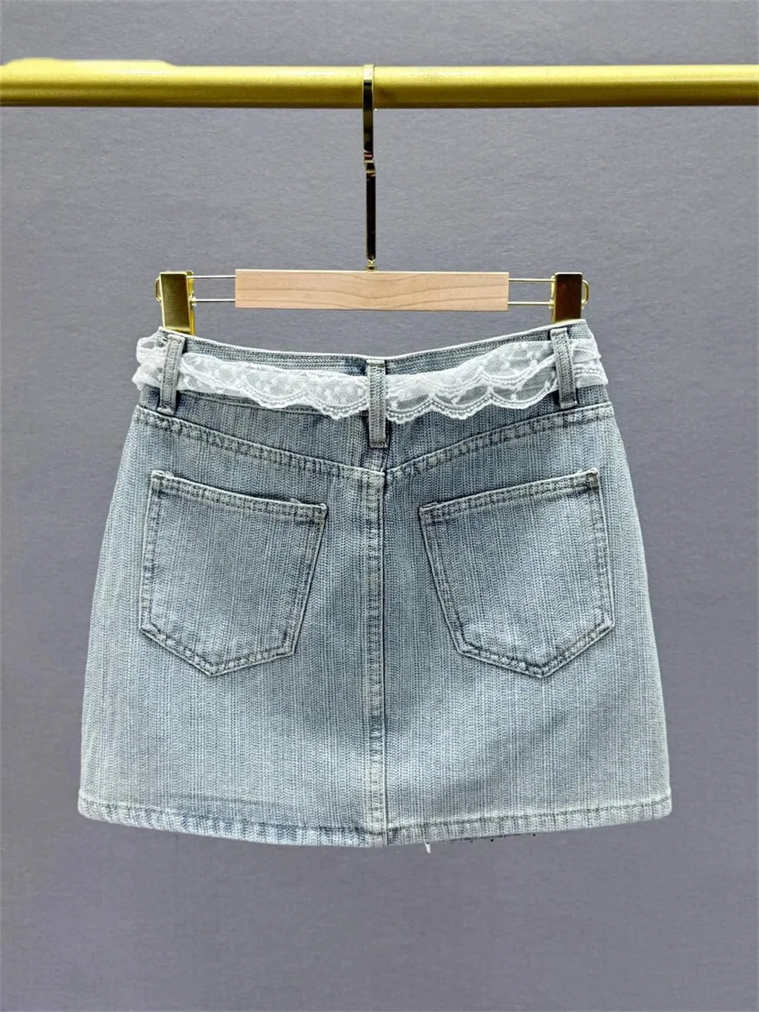 Women Lace Belt Denim Skirt Summer Clothes High Waist Slim-Fit Streetwear Heavy Industry Hot Diamond Hip Skirt