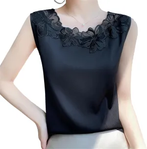 Women Lace Crewneck Silk Camisole Summer Satin Bottoming Shirt Sleeveless Waistcoat Casual Vest