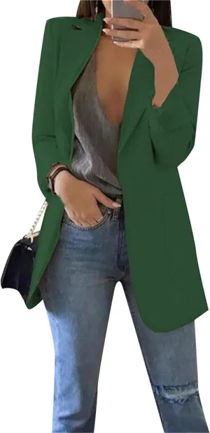 Women Lapel Collar Long Sleeve Blazer Formal Solid Color Long Suit Open Front Waist Jacket