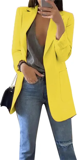 Women Lapel Collar Long Sleeve Blazer Formal Solid Color Long Suit Open Front Waist Jacket