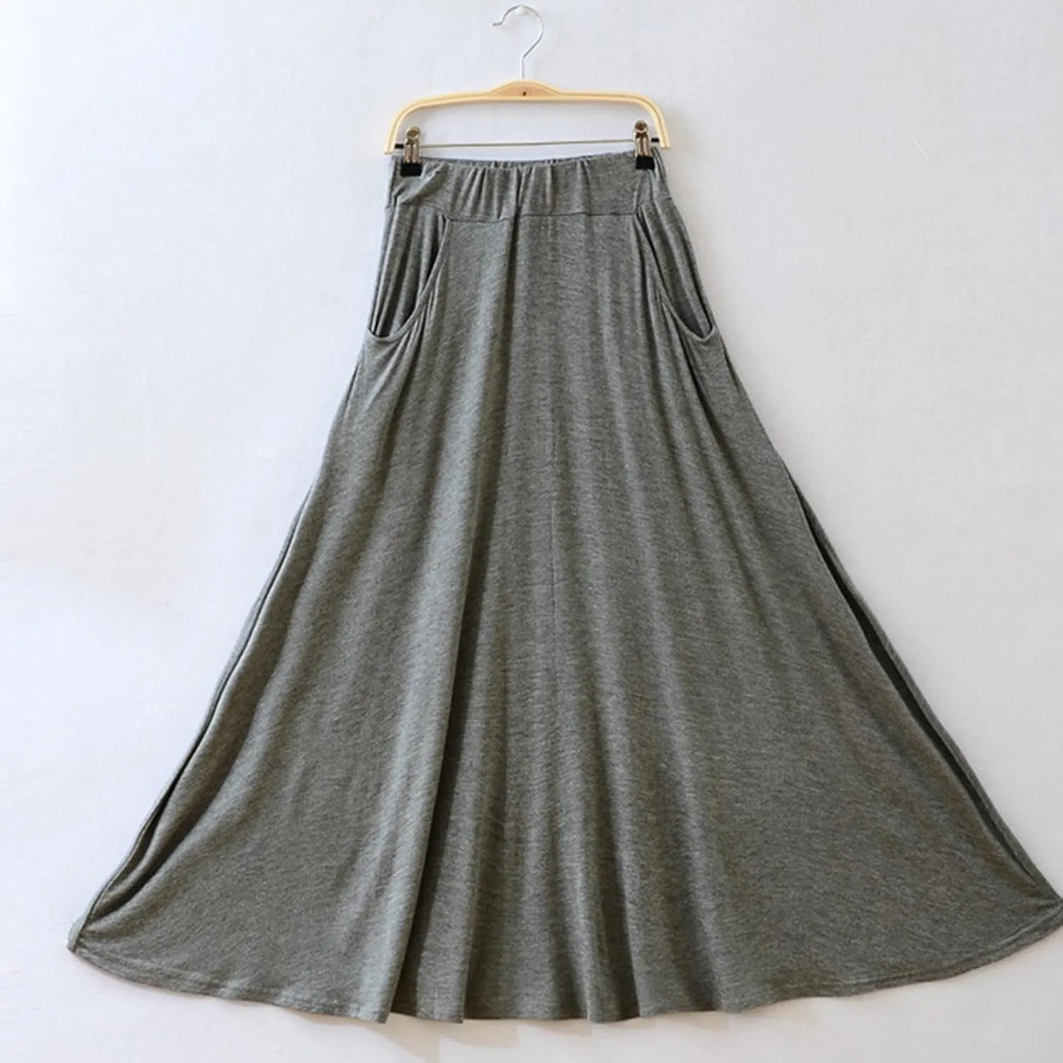 Women Maxi Skirt High Waisted Solid Color Summer Casual Skirt Pleated Swing Beach Skirt with Pockets for Vacation