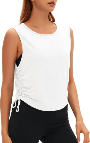 Women Open Back Sleeveless Workout Tops Crew Neck Ruched Side Tanks Athletic Casual Loose Shirts
