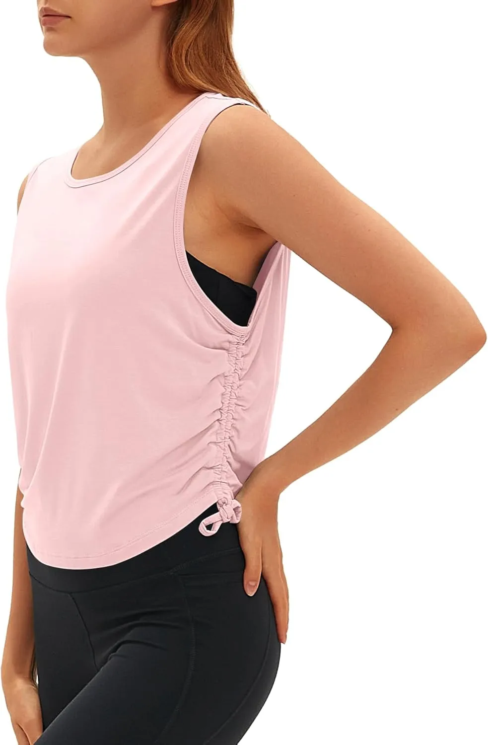 Women Open Back Sleeveless Workout Tops Crew Neck Ruched Side Tanks Athletic Casual Loose Shirts
