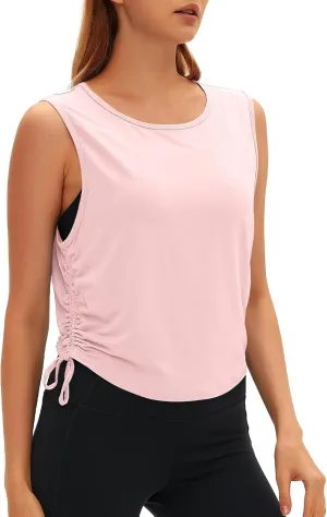 Women Open Back Sleeveless Workout Tops Crew Neck Ruched Side Tanks Athletic Casual Loose Shirts