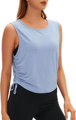 Women Open Back Sleeveless Workout Tops Crew Neck Ruched Side Tanks Athletic Casual Loose Shirts