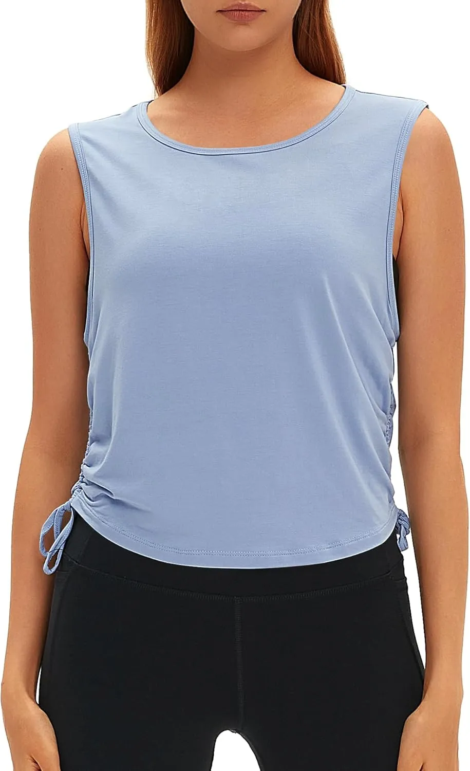 Women Open Back Sleeveless Workout Tops Crew Neck Ruched Side Tanks Athletic Casual Loose Shirts