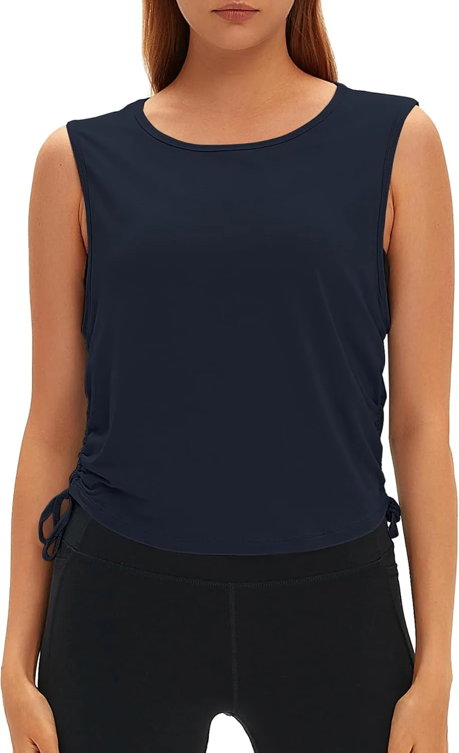 Women Open Back Sleeveless Workout Tops Crew Neck Ruched Side Tanks Athletic Casual Loose Shirts