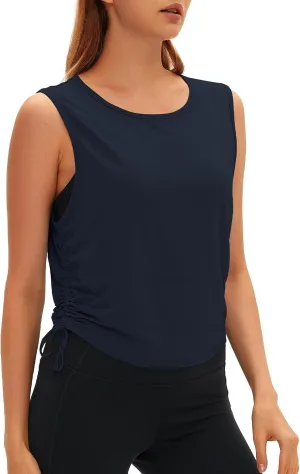 Women Open Back Sleeveless Workout Tops Crew Neck Ruched Side Tanks Athletic Casual Loose Shirts