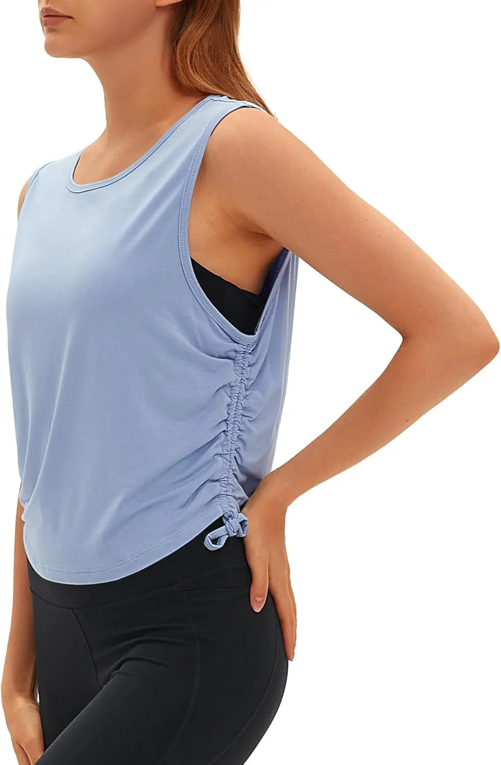 Women Open Back Sleeveless Workout Tops Crew Neck Ruched Side Tanks Athletic Casual Loose Shirts