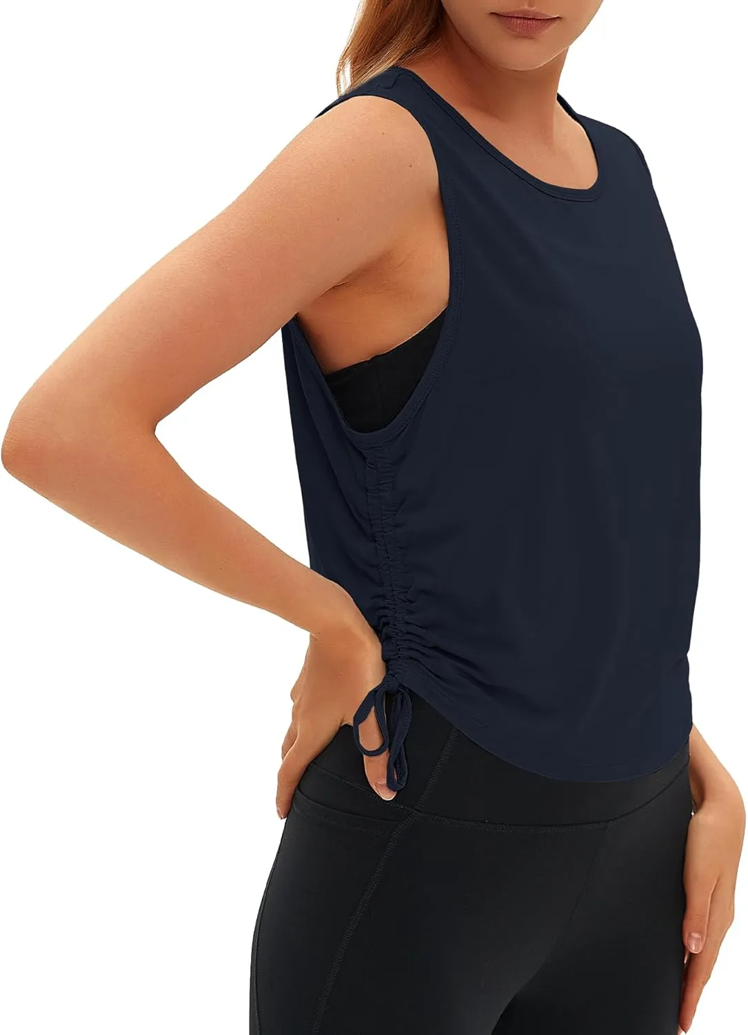 Women Open Back Sleeveless Workout Tops Crew Neck Ruched Side Tanks Athletic Casual Loose Shirts