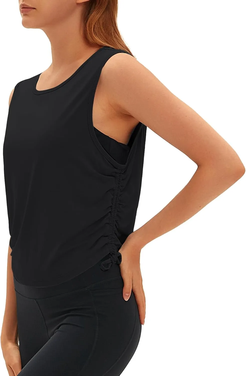 Women Open Back Sleeveless Workout Tops Crew Neck Ruched Side Tanks Athletic Casual Loose Shirts