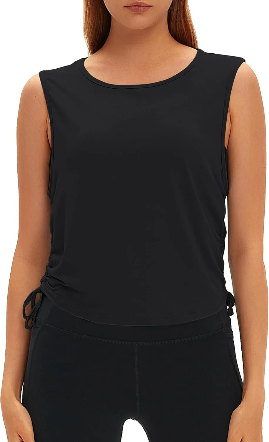 Women Open Back Sleeveless Workout Tops Crew Neck Ruched Side Tanks Athletic Casual Loose Shirts