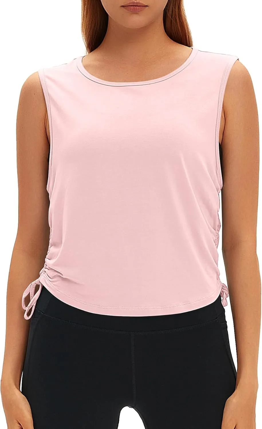 Women Open Back Sleeveless Workout Tops Crew Neck Ruched Side Tanks Athletic Casual Loose Shirts