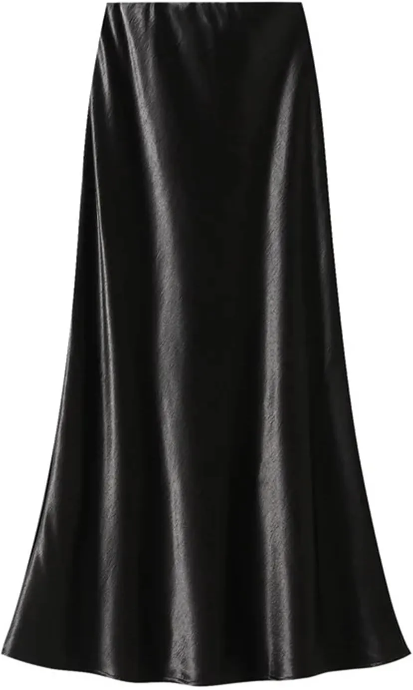 Women Pleated Flowing Satin Tight Midi Skirt Elegant Women Mermaid Skirt
