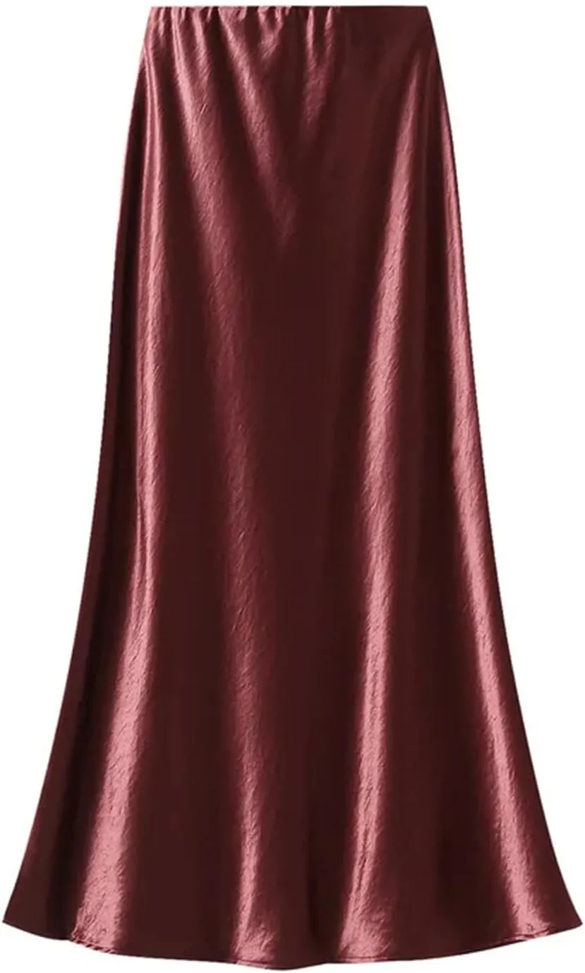 Women Pleated Flowing Satin Tight Midi Skirt Elegant Women Mermaid Skirt