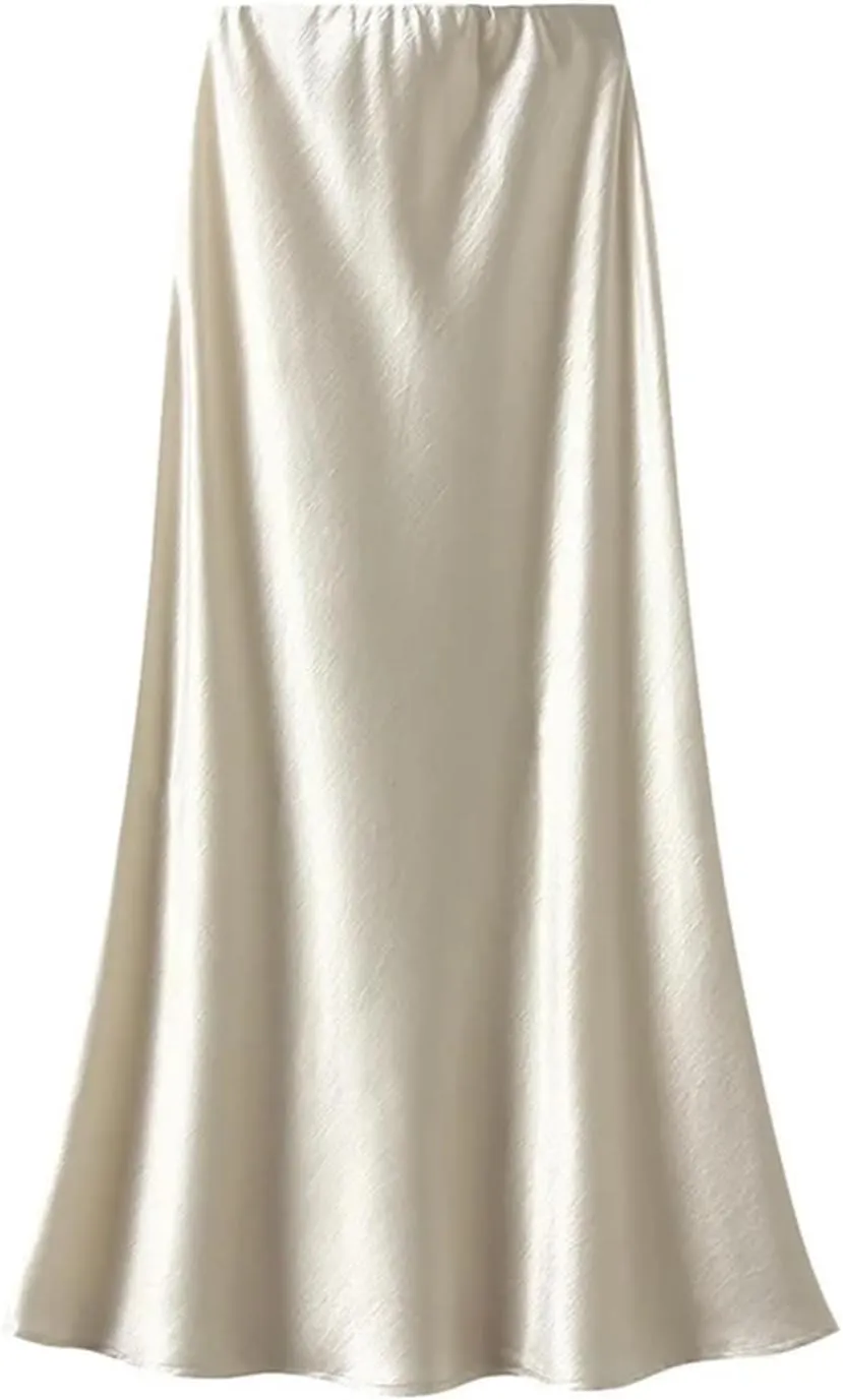 Women Pleated Flowing Satin Tight Midi Skirt Elegant Women Mermaid Skirt