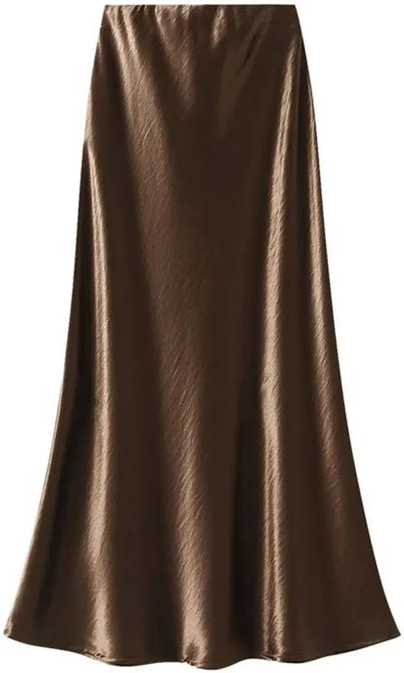 Women Pleated Flowing Satin Tight Midi Skirt Elegant Women Mermaid Skirt