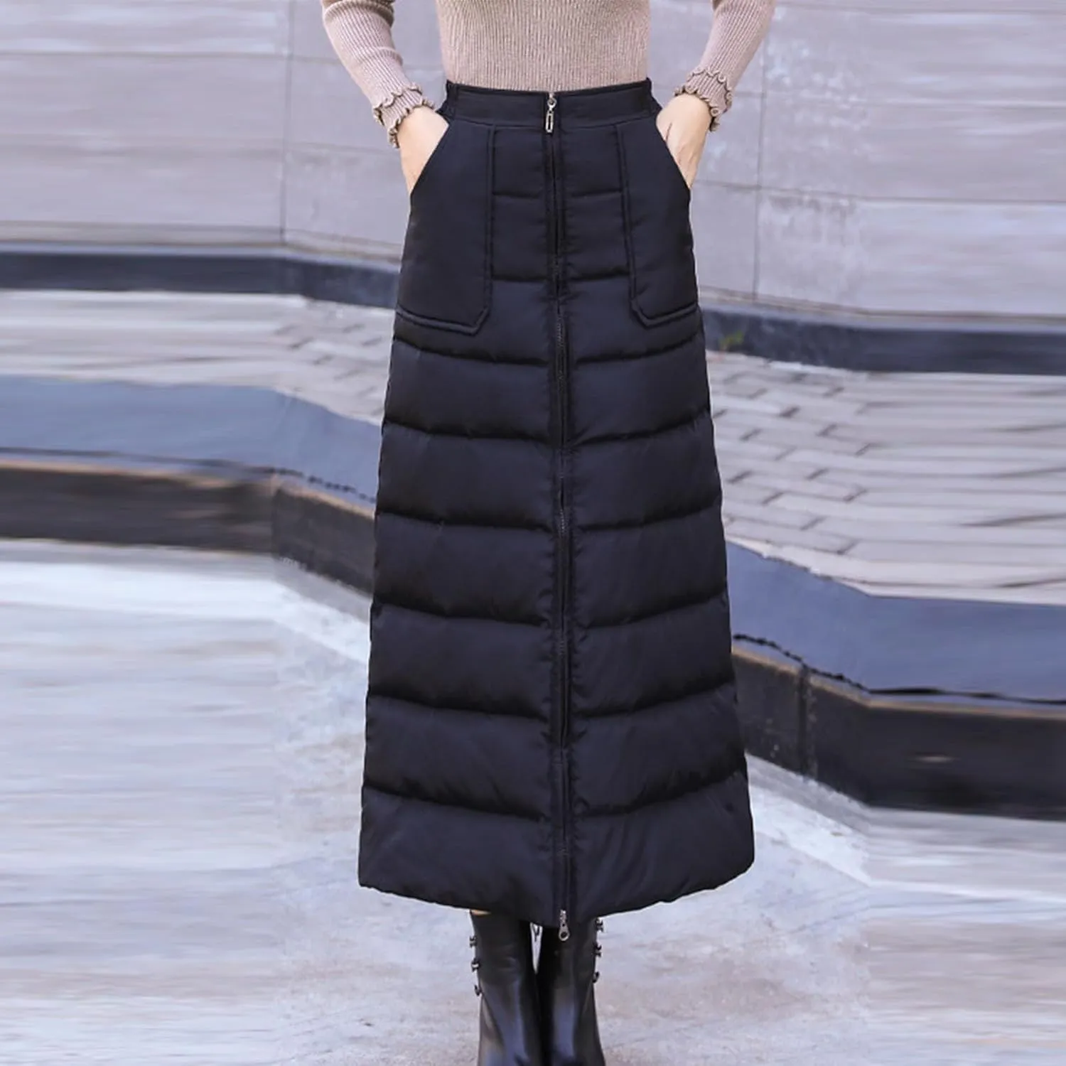 Women Puffer Quilted Maxi Skirt Fashion Thick Warm Zip Up Casual Skirts High Waist Puffer A-Line Clothes with Pockets