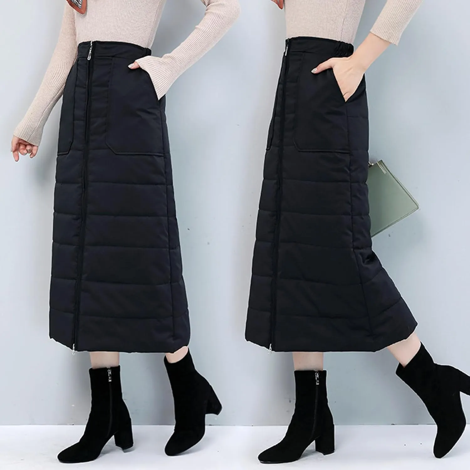 Women Puffer Quilted Maxi Skirt Fashion Thick Warm Zip Up Casual Skirts High Waist Puffer A-Line Clothes with Pockets