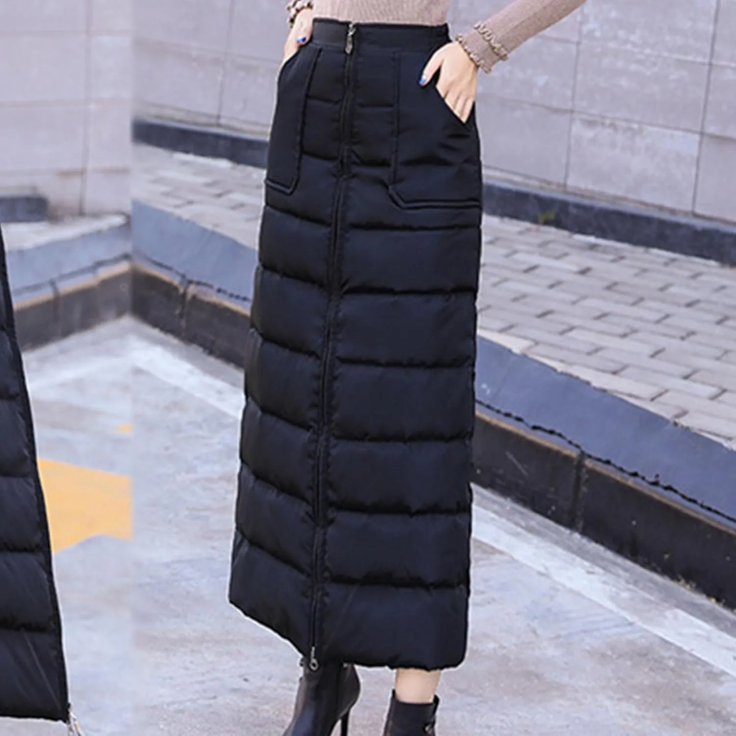Women Puffer Quilted Maxi Skirt Fashion Thick Warm Zip Up Casual Skirts High Waist Puffer A-Line Clothes with Pockets