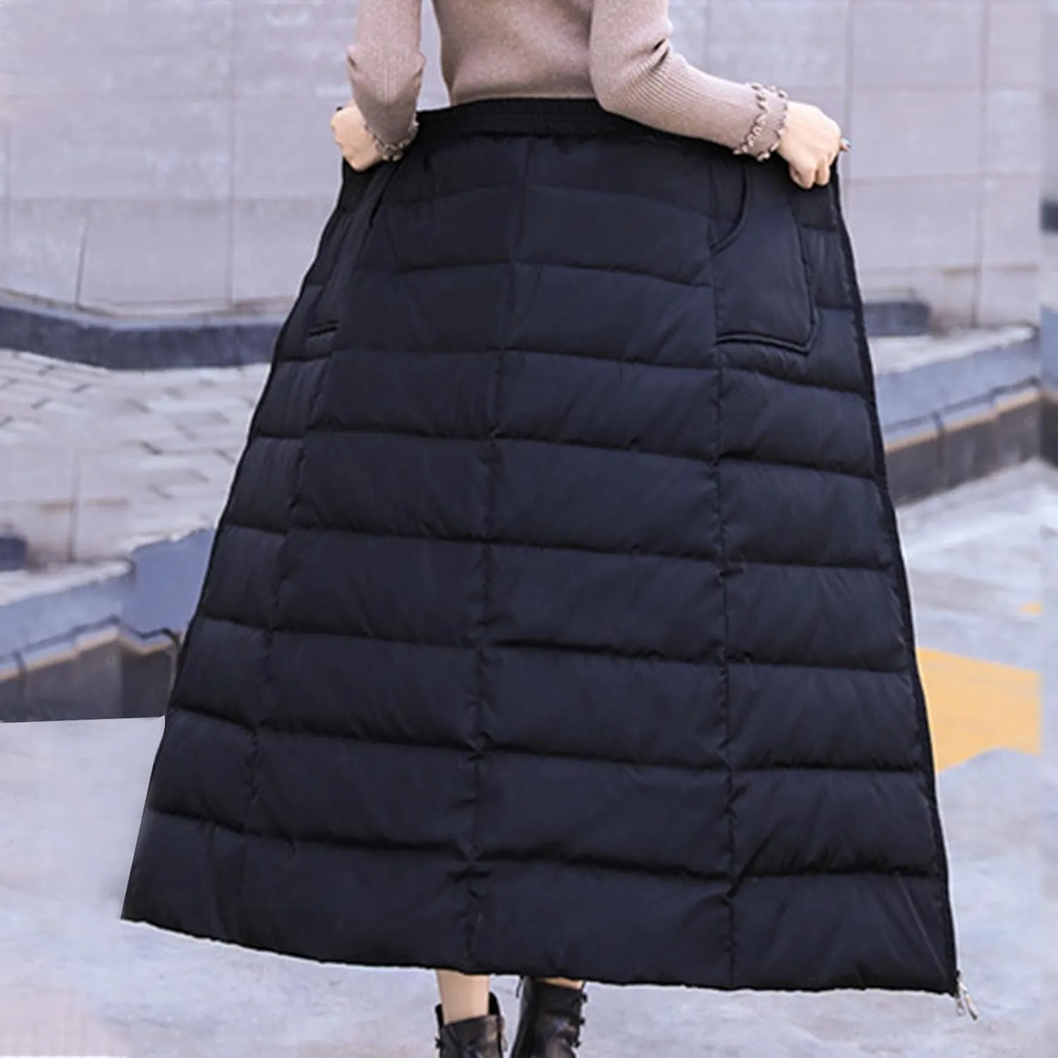Women Puffer Quilted Maxi Skirt Fashion Thick Warm Zip Up Casual Skirts High Waist Puffer A-Line Clothes with Pockets