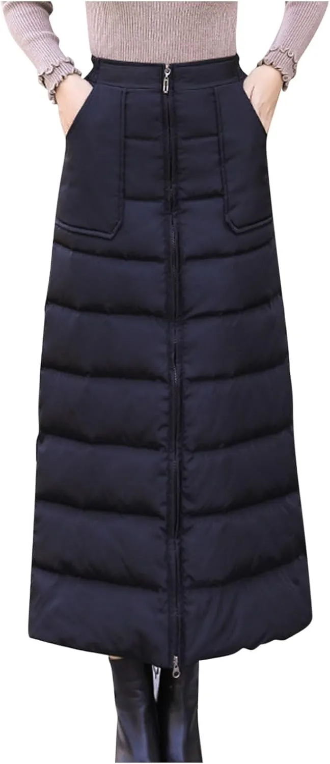 Women Puffer Quilted Maxi Skirt Fashion Thick Warm Zip Up Casual Skirts High Waist Puffer A-Line Clothes with Pockets