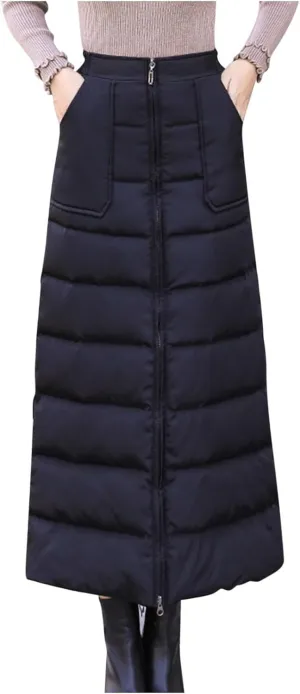 Women Puffer Quilted Maxi Skirt Fashion Thick Warm Zip Up Casual Skirts High Waist Puffer A-Line Clothes with Pockets