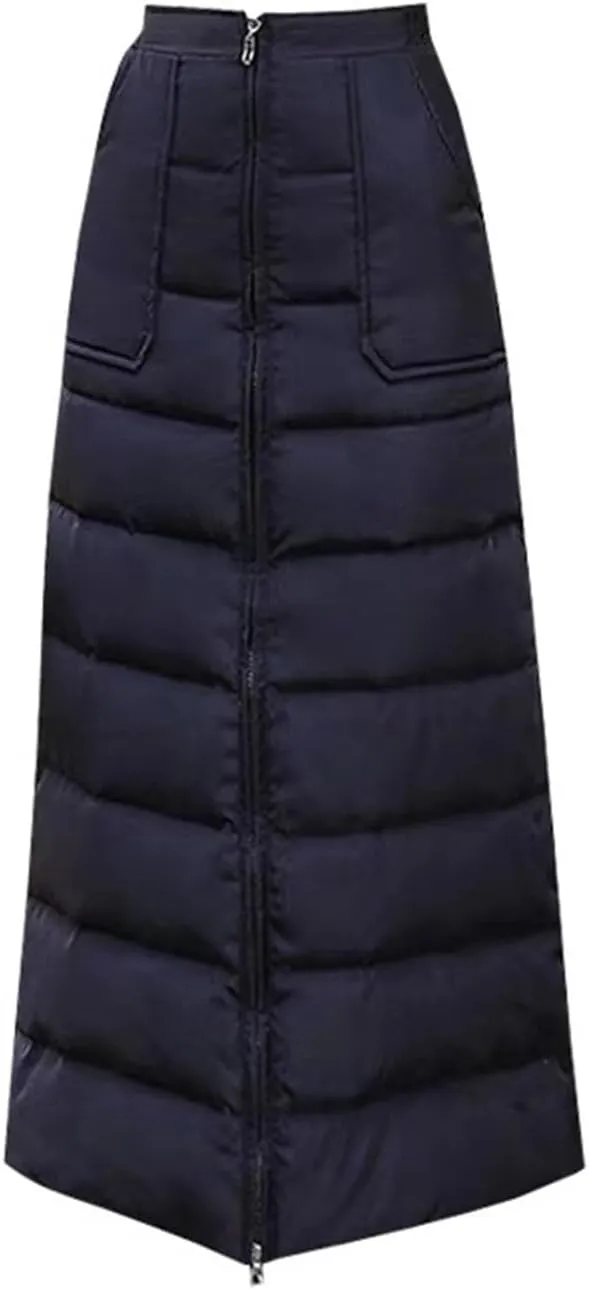 Women Puffer Quilted Maxi Skirt Fashion Thick Warm Zip Up Casual Skirts High Waist Puffer A-Line Clothes with Pockets