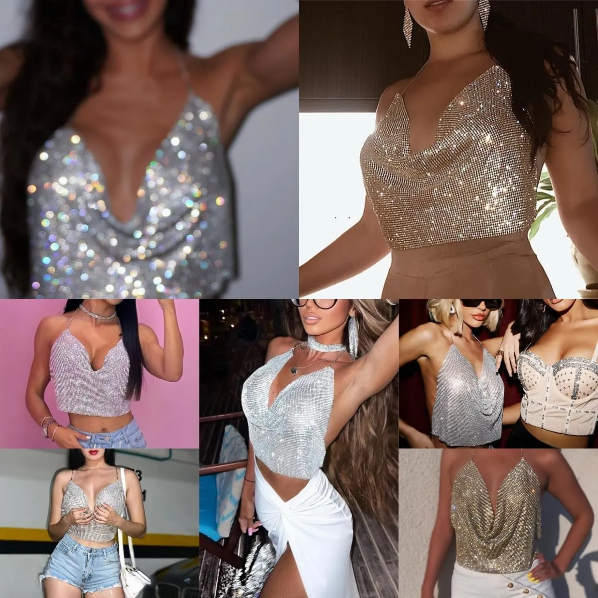 Women Rhinestone Tops Sparkly Sexy Deep V Backless Crop Top Sleeveless Hanging Neck Metal Chain Club Party Clubwear