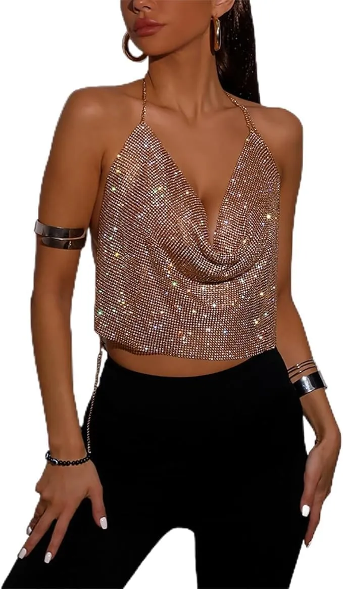 Women Rhinestone Tops Sparkly Sexy Deep V Backless Crop Top Sleeveless Hanging Neck Metal Chain Club Party Clubwear