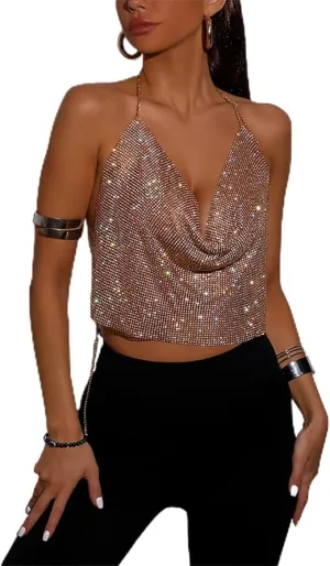 Women Rhinestone Tops Sparkly Sexy Deep V Backless Crop Top Sleeveless Hanging Neck Metal Chain Club Party Clubwear