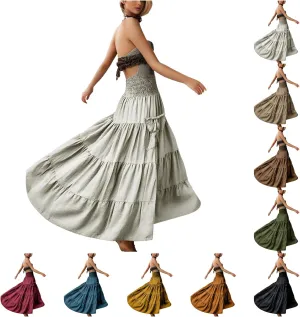 Women Ruffle Maxi Skirt 2025 Casual Boho Flowy Swing Tiered Flared A-Line Pleated Elastic Waist Midi Beach Dress,A001White,L