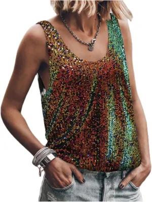 Women Sequin Sparkle Halter Crop Top Sexy Cowl Neck Backless Beaded Cami Tank Tops Y2K Glitter Party Rave Outfits