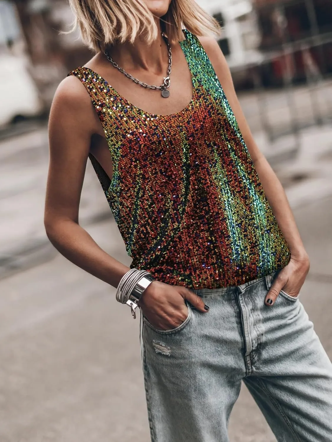 Women Sequin Sparkle Halter Crop Top Sexy Cowl Neck Backless Beaded Cami Tank Tops Y2K Glitter Party Rave Outfits