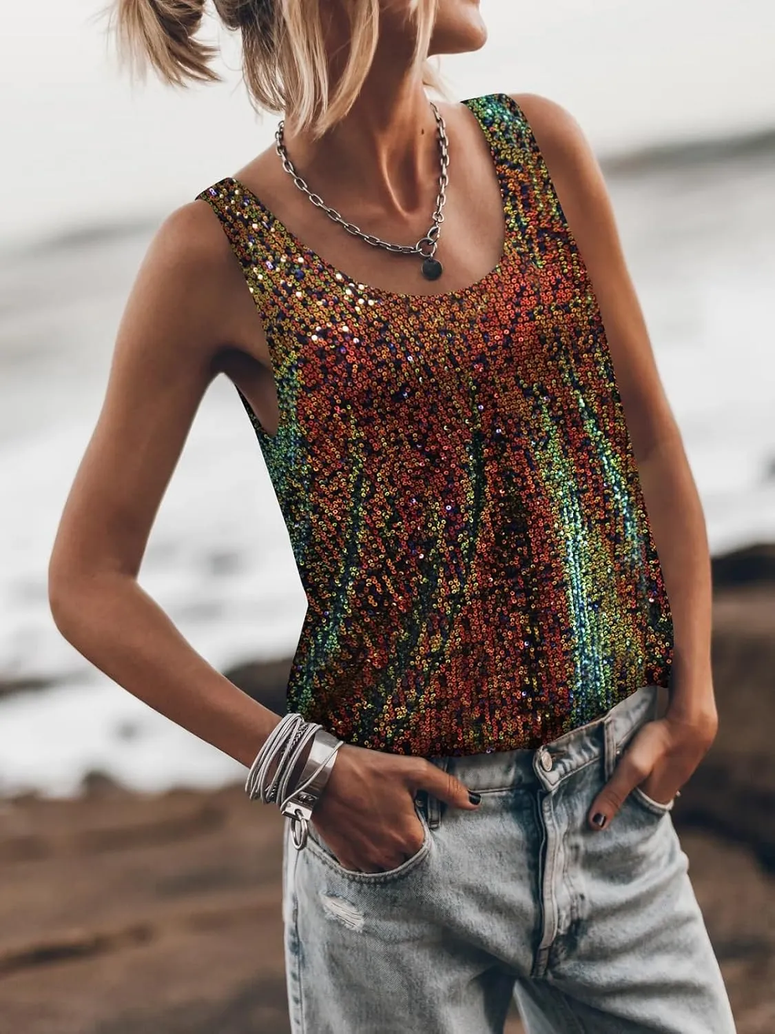 Women Sequin Sparkle Halter Crop Top Sexy Cowl Neck Backless Beaded Cami Tank Tops Y2K Glitter Party Rave Outfits