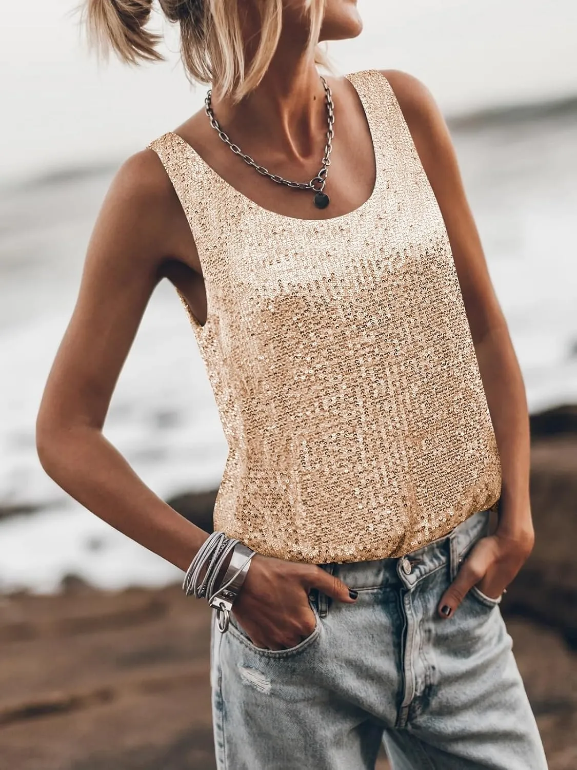 Women Sequin Sparkle Halter Crop Top Sexy Cowl Neck Backless Beaded Cami Tank Tops Y2K Glitter Party Rave Outfits