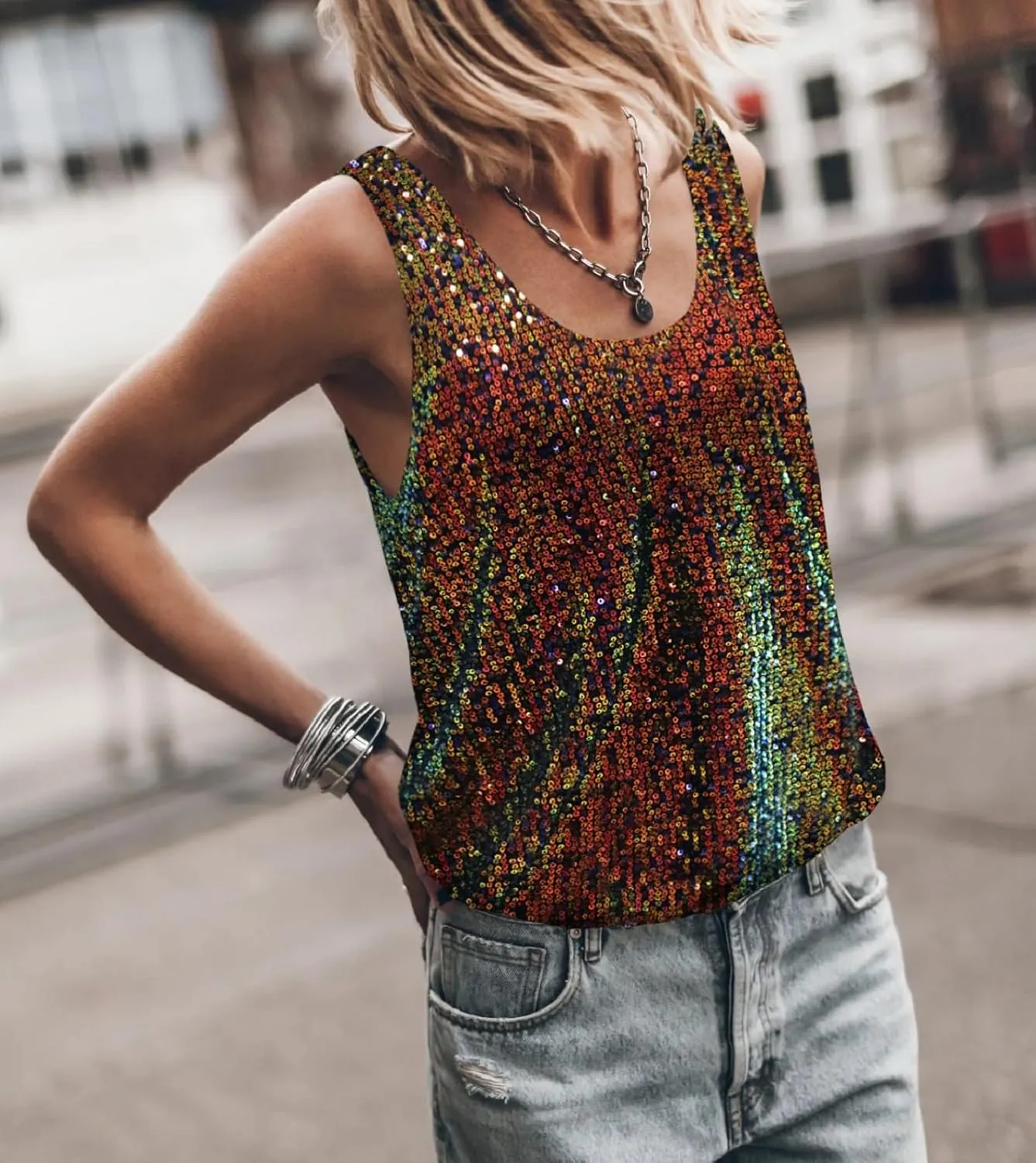 Women Sequin Sparkle Halter Crop Top Sexy Cowl Neck Backless Beaded Cami Tank Tops Y2K Glitter Party Rave Outfits