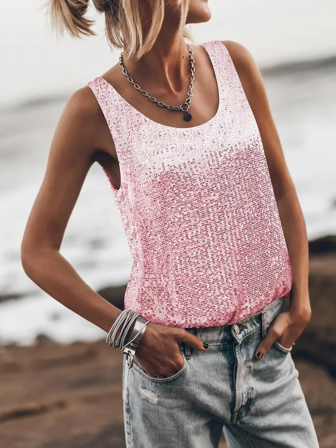 Women Sequin Sparkle Halter Crop Top Sexy Cowl Neck Backless Beaded Cami Tank Tops Y2K Glitter Party Rave Outfits