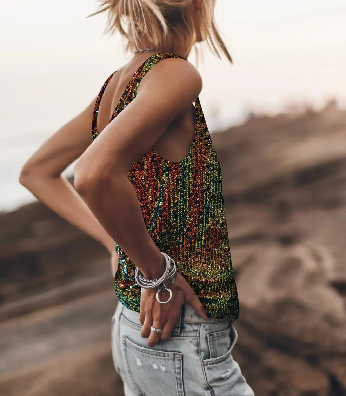 Women Sequin Sparkle Halter Crop Top Sexy Cowl Neck Backless Beaded Cami Tank Tops Y2K Glitter Party Rave Outfits