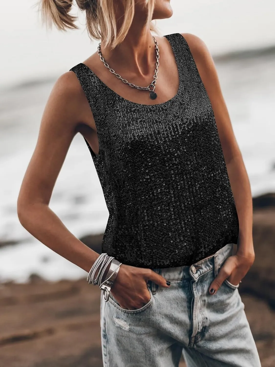Women Sequin Sparkle Halter Crop Top Sexy Cowl Neck Backless Beaded Cami Tank Tops Y2K Glitter Party Rave Outfits