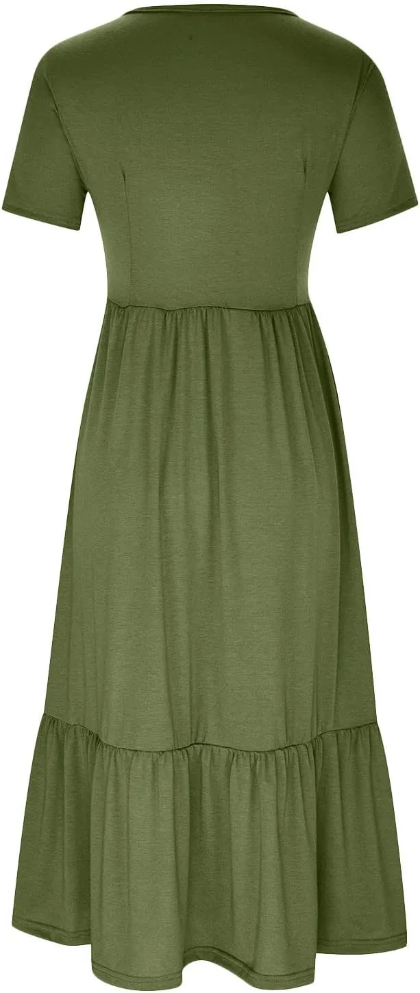 Women Short Sleeve Midi Dresses Summer Casual Dress Ruffle Swing Flowy Sundress Mid Calf T Shirt with Pocket