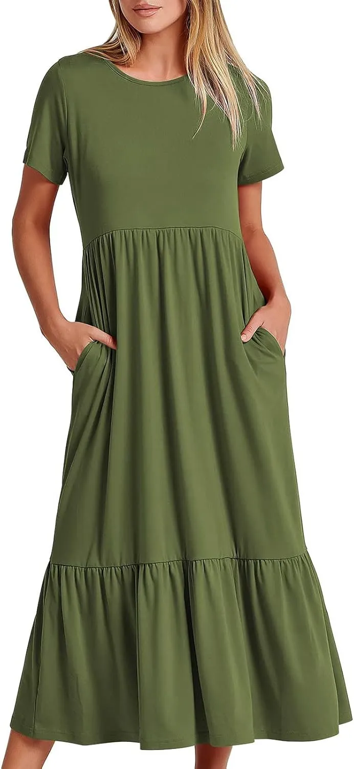 Women Short Sleeve Midi Dresses Summer Casual Dress Ruffle Swing Flowy Sundress Mid Calf T Shirt with Pocket