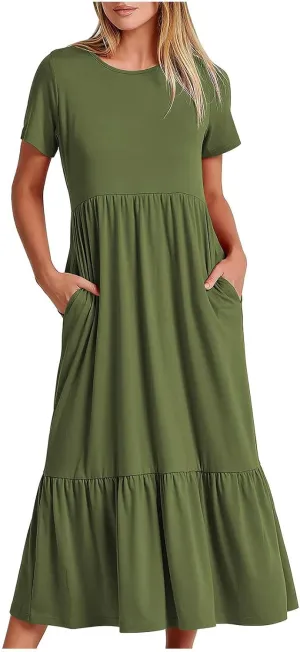 Women Short Sleeve Midi Dresses Summer Casual Dress Ruffle Swing Flowy Sundress Mid Calf T Shirt with Pocket