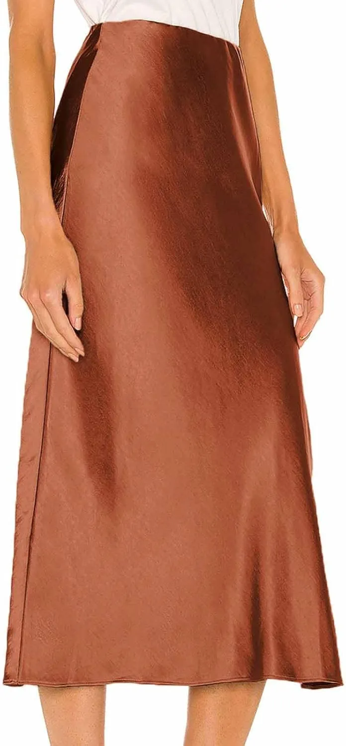 Women Slit Side Satin Midi Skirt Elegant High Waist Dressy Pencil Skirts Summer Lightweight Casual Dressy Work Skirt