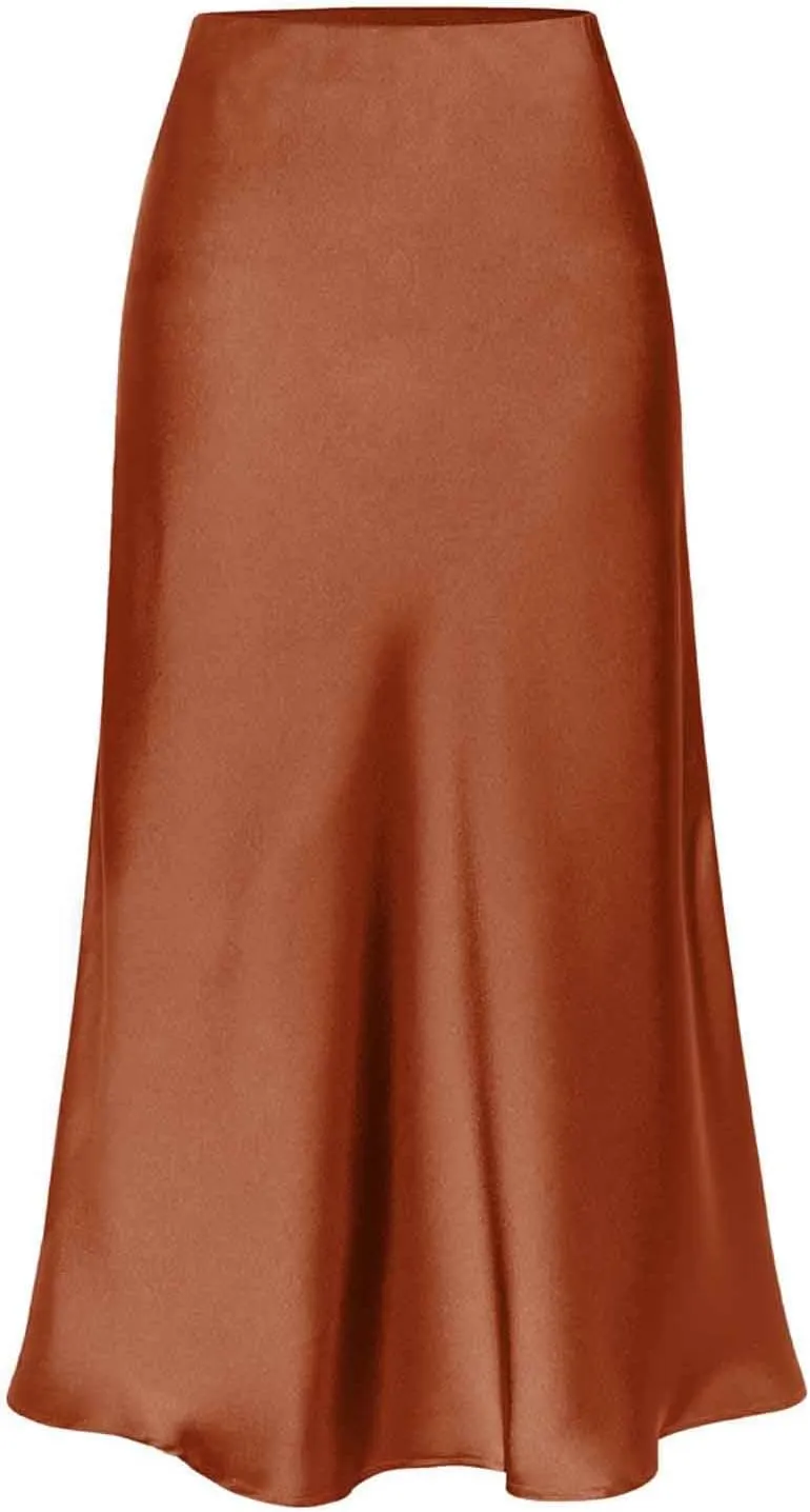 Women Slit Side Satin Midi Skirt Elegant High Waist Dressy Pencil Skirts Summer Lightweight Casual Dressy Work Skirt