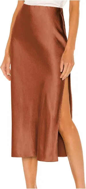 Women Slit Side Satin Midi Skirt Elegant High Waist Dressy Pencil Skirts Summer Lightweight Casual Dressy Work Skirt