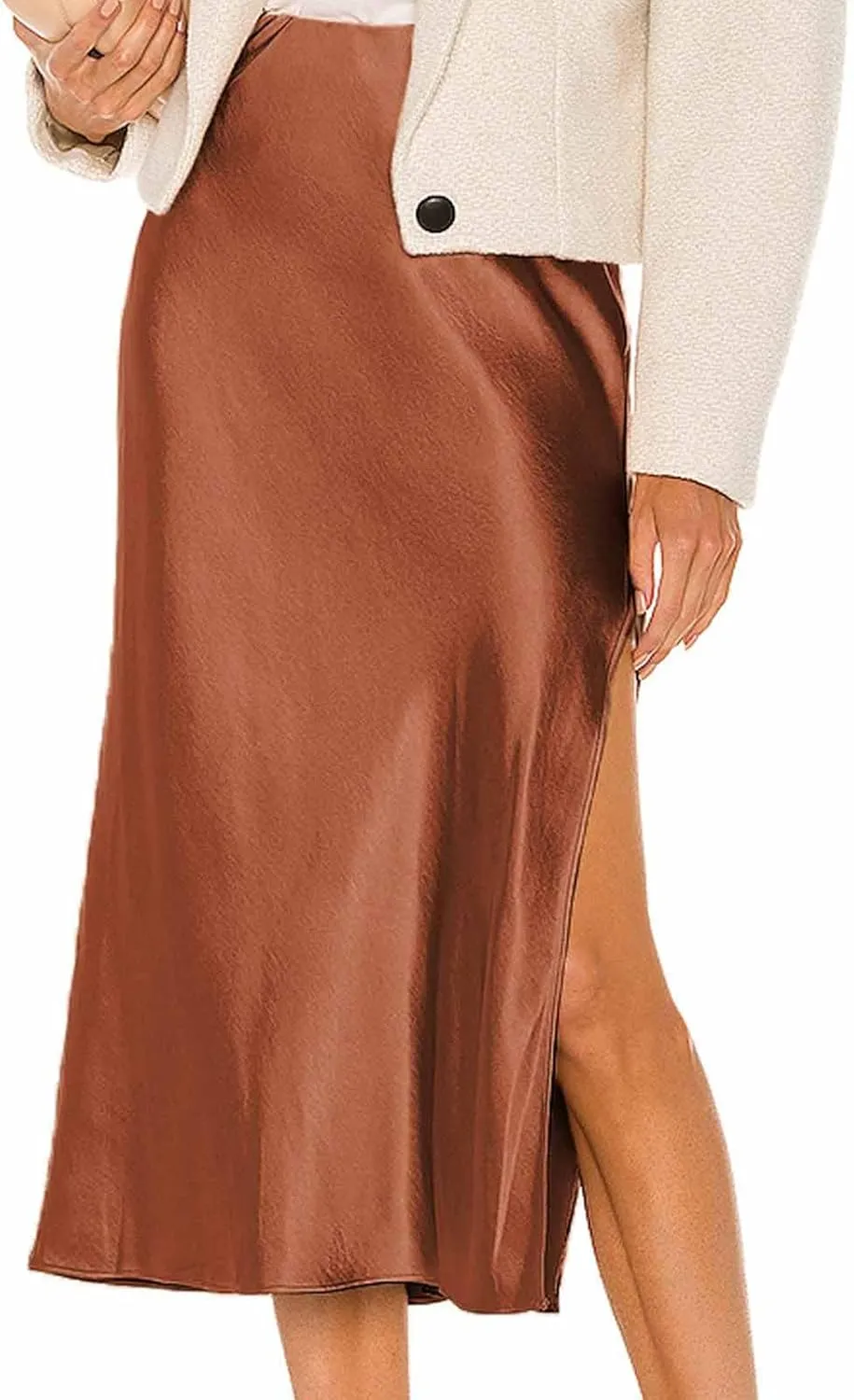 Women Slit Side Satin Midi Skirt Elegant High Waist Dressy Pencil Skirts Summer Lightweight Casual Dressy Work Skirt